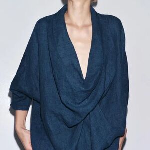 ZARA 100% Linen Draped Blouse INDIGO — ZW COLLECTION, LIMITED EDITION
